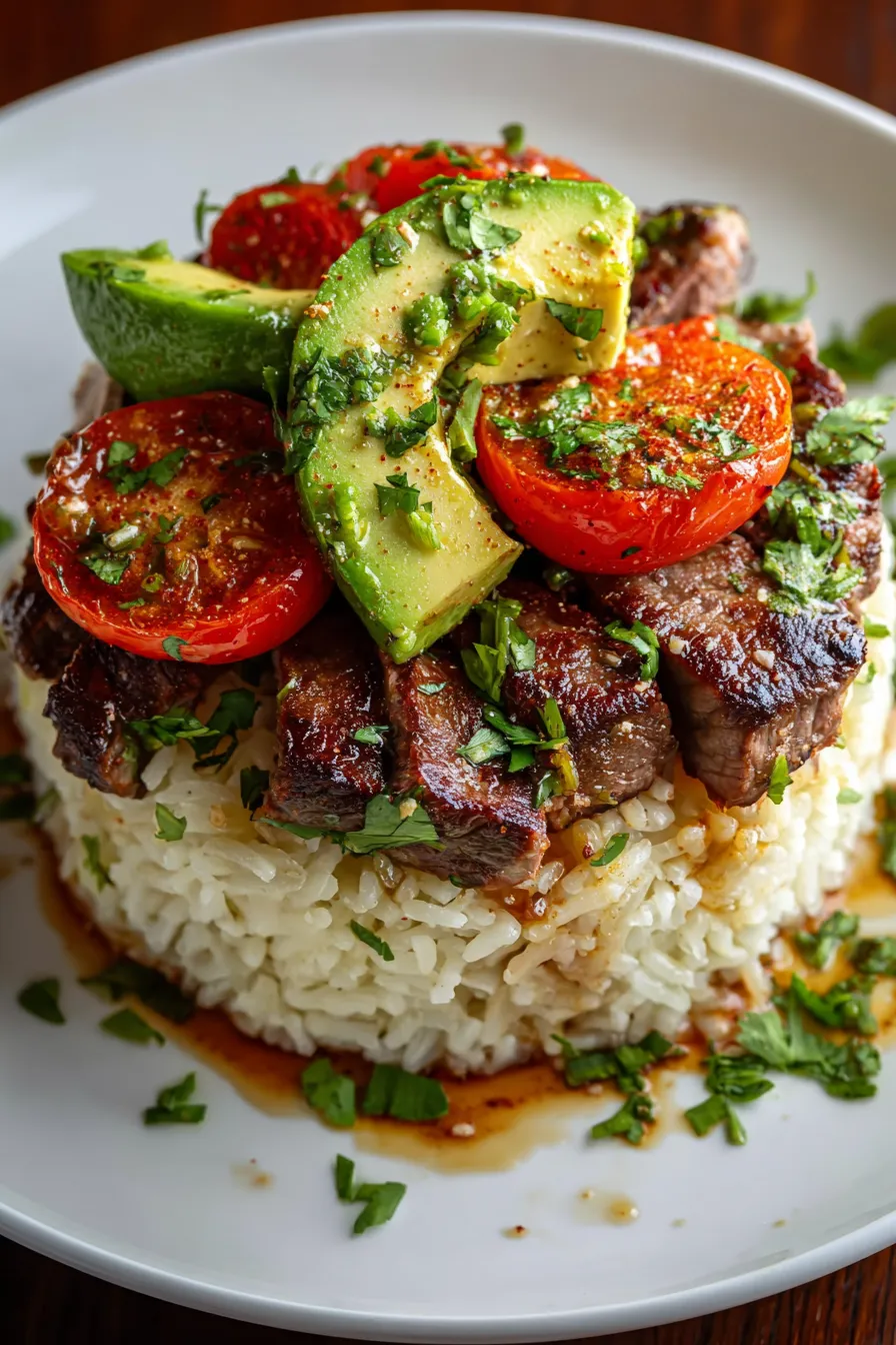 Grilled Beef and Tomato Avocado Rice Stack – FadedMix