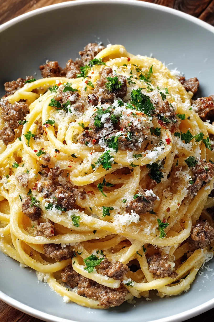 Cheesy Garlic Butter Linguine Pasta with Savory Ground Beef – FadedMix